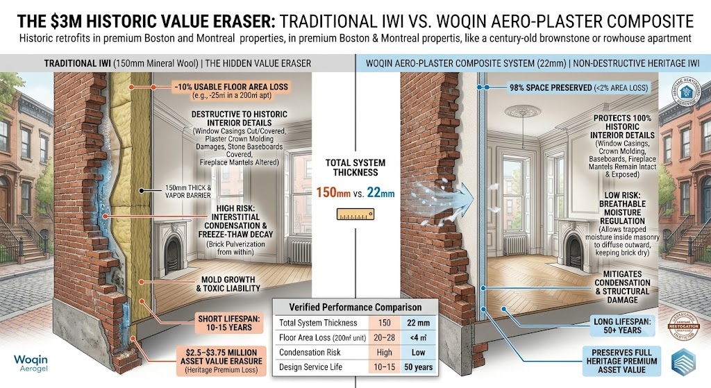 A 3D cross-section comparison showing the performance differences between traditional 150mm mineral wool interior wall insulation and the 22mm Woqin Aero-Plaster composite system in heritage building retrofits.